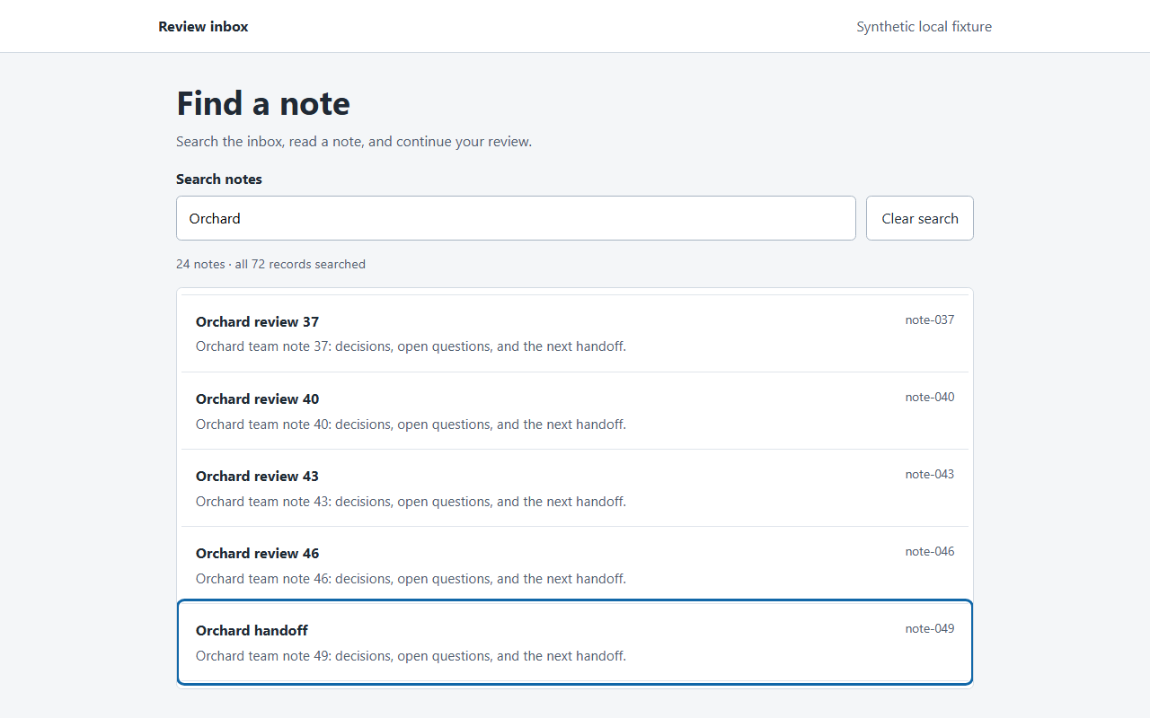 Synthetic review inbox after the implemented return: Orchard handoff note-049 is visible and outlined as the focused row.