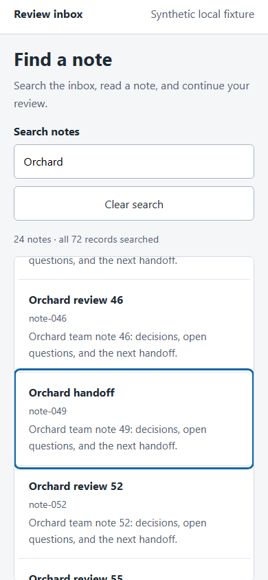 Narrow synthetic inbox after K1, with note-049 focused in its restored list position.